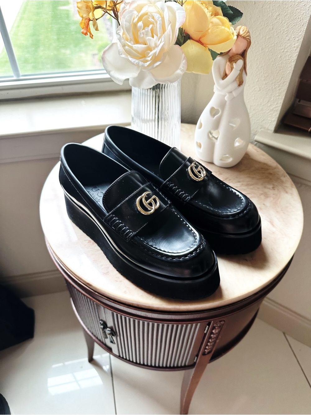 Gucci Black Leather Platform GG Penny 👞 Loafers 38